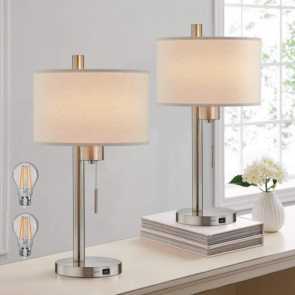 2-Pack Modern Bedside Table Lamp,Brushed Steel